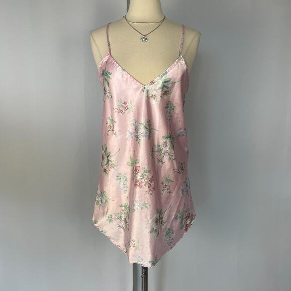 Mini Slip Dress Size Medium Pink Pastel Floral Silky Lingerie Coquette Feminine - Picture 2 of 15